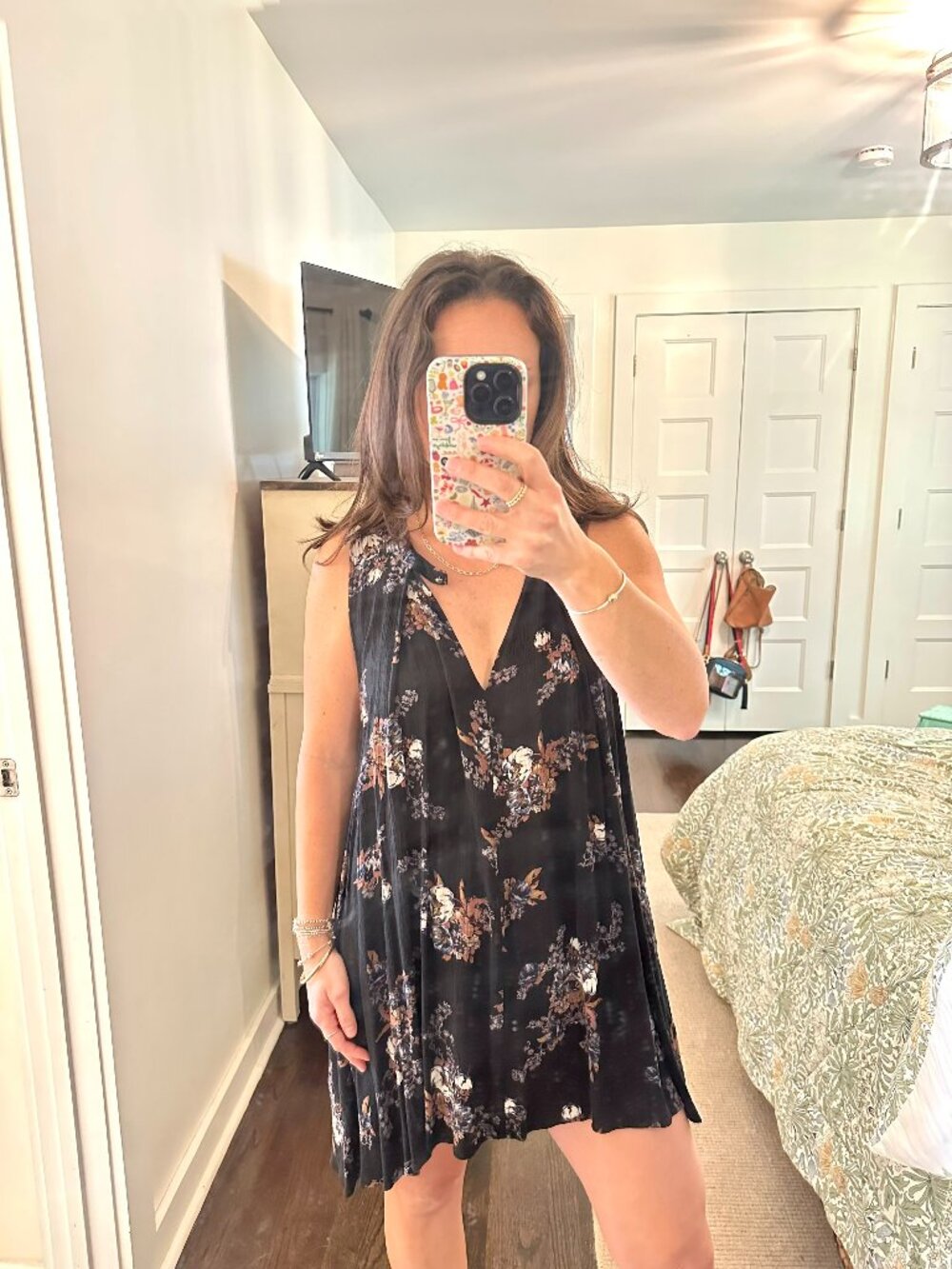 Free People Black Floral Swing Mini Dress Boho Oversized | Size Small